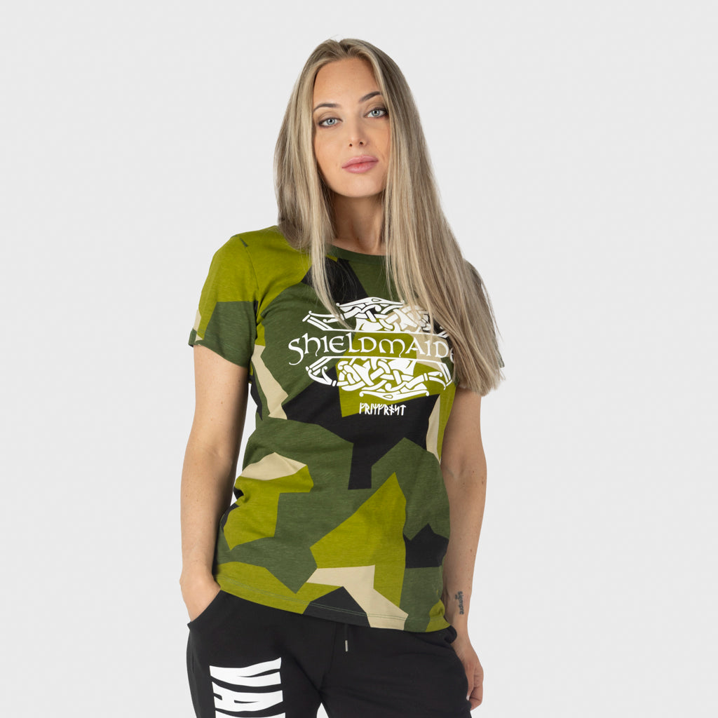 Damen Premium Tee, Shieldmaiden, M90 Grün Camo